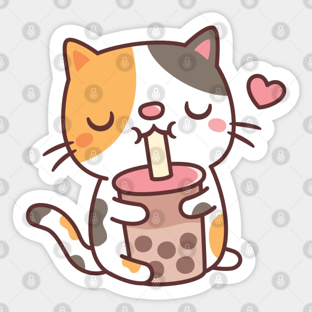 Cute Calico Cat Loves Drinking Boba Tea Sticker by rustydoodle